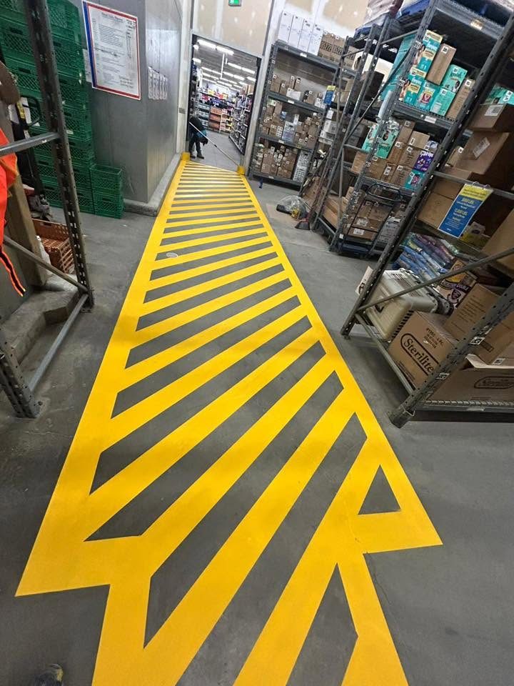 Freshly striped, crisp yellow safety lane with directional arrow after Proline's work